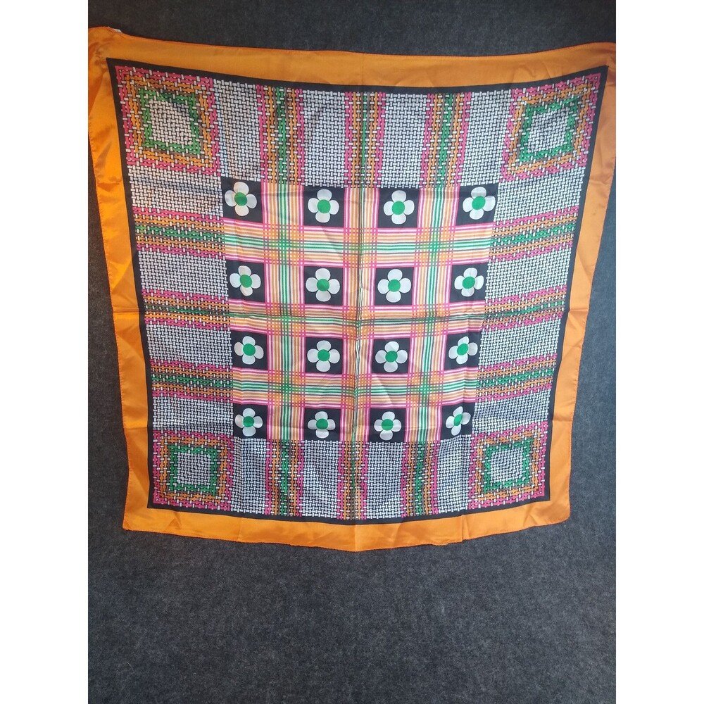 Orange Floral White 100% Acetate Scarf Vintage Italy Groovy Flower Power 25x25"